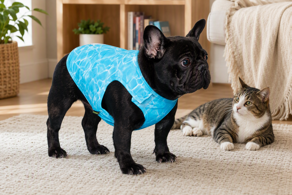French Bulldog wearing a sleeveless vest beside a cat in a bright home setting.