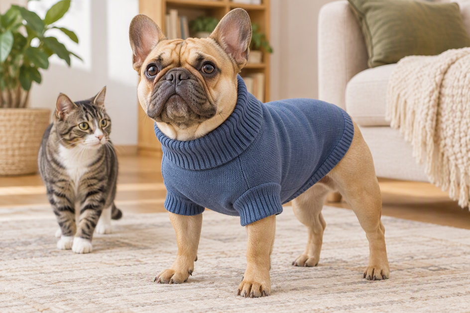 French Bulldog wearing a dog sweater indoors beside a curious cat, with the garment sitting around the dog's neck, shoulders, and chest.