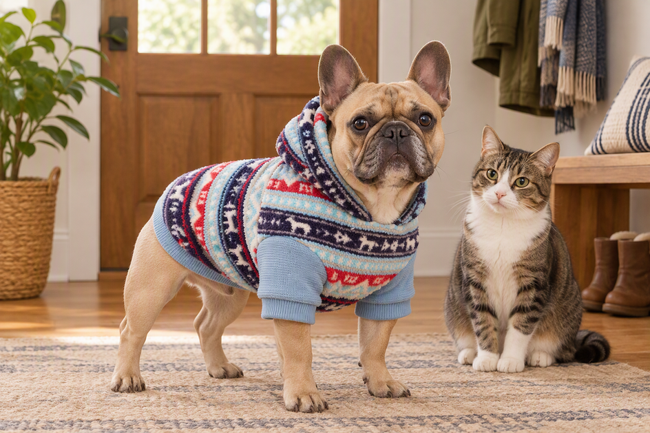French Bulldog wearing a dog hoodie indoors while a cat sits nearby in a calm home setting