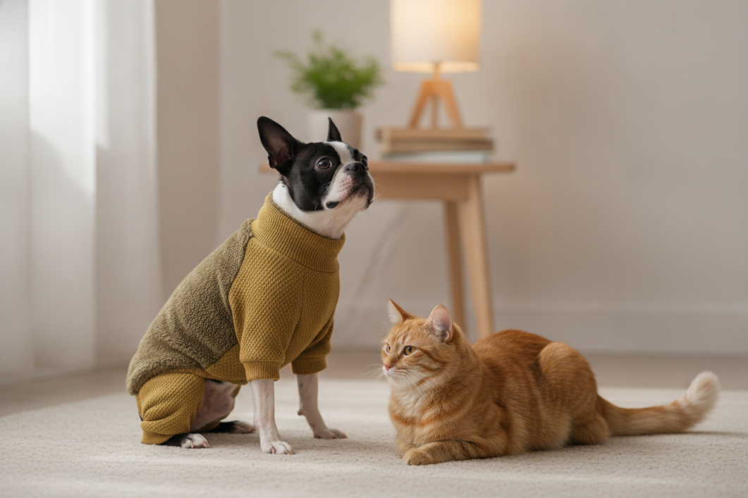 French Bulldog wearing a full-body onesie beside a cat in a bright home setting