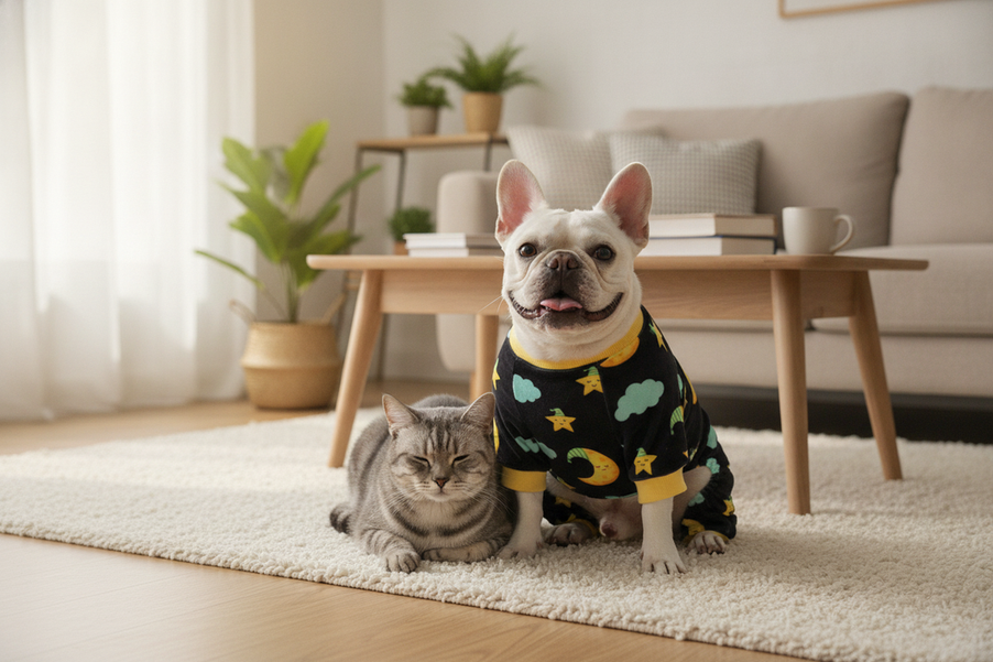 French Bulldog and cat wearing cozy pajamas together in a warm home setting