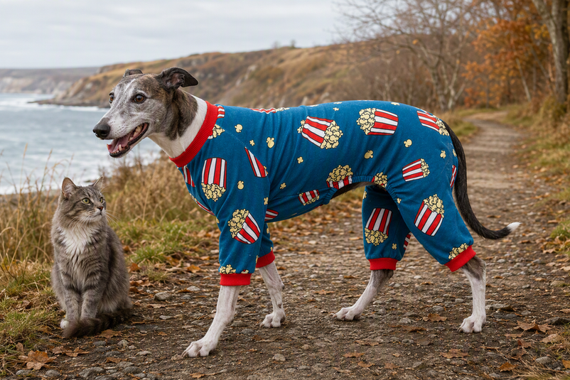 Greyhound wearing a full-length fleece bodysuit during a calm outdoor cool-down, with a cat nearby
