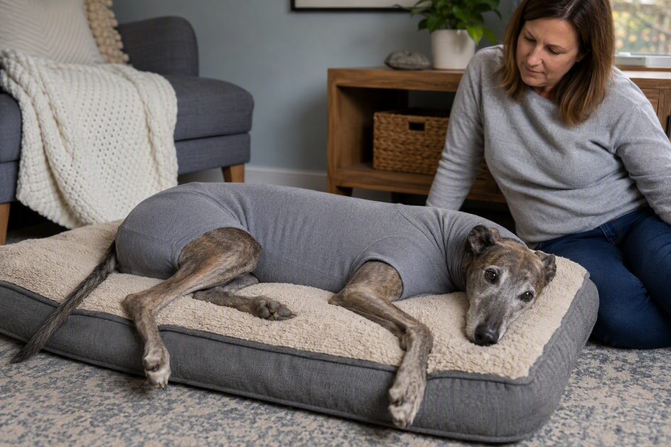 Greyhound resting calmly on a padded bed while wearing a soft indoor sleep layer in a cool room