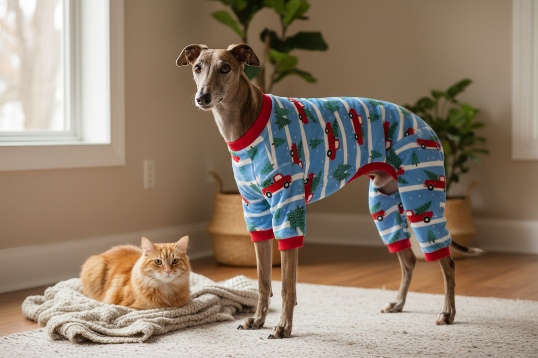 Greyhound wearing cozy pajamas beside a cat in a warm home setting
