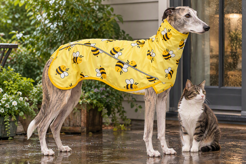 A Greyhound wearing a raincoat with a raised neck cover stands beside a cat in a sheltered outdoor setting.