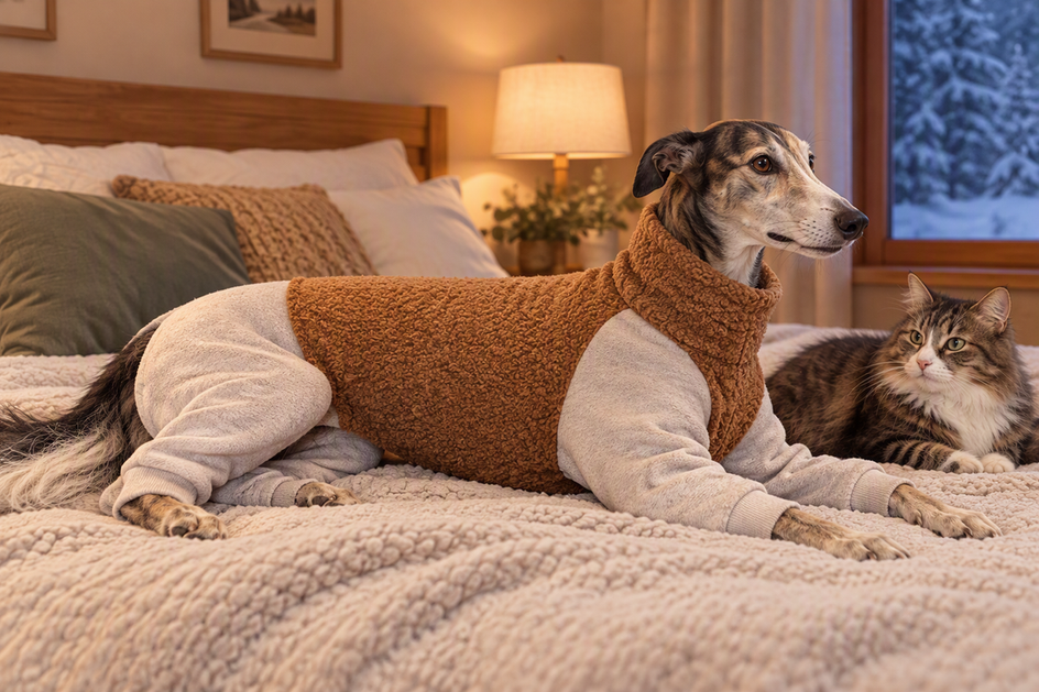 Greyhound wearing thermal dog pajamas while resting indoors beside a cat on a cold evening