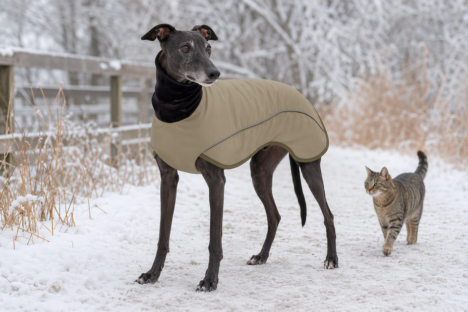 Greyhound wearing a winter dog coat outdoors beside a cat on a cold-weather walk.