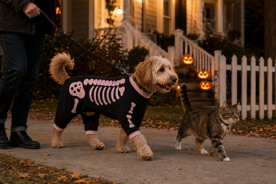 Dog wearing a black skeleton Halloween costume walks on a leash beside a cat on a softly lit residential sidewalk at dusk.