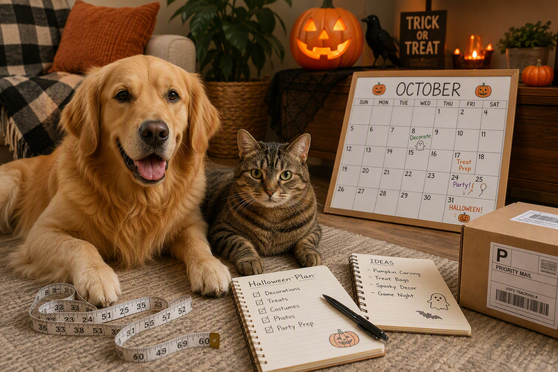 Dog and cat beside a Halloween planning calendar, soft measuring tape, shipping box, and simple seasonal decorations.