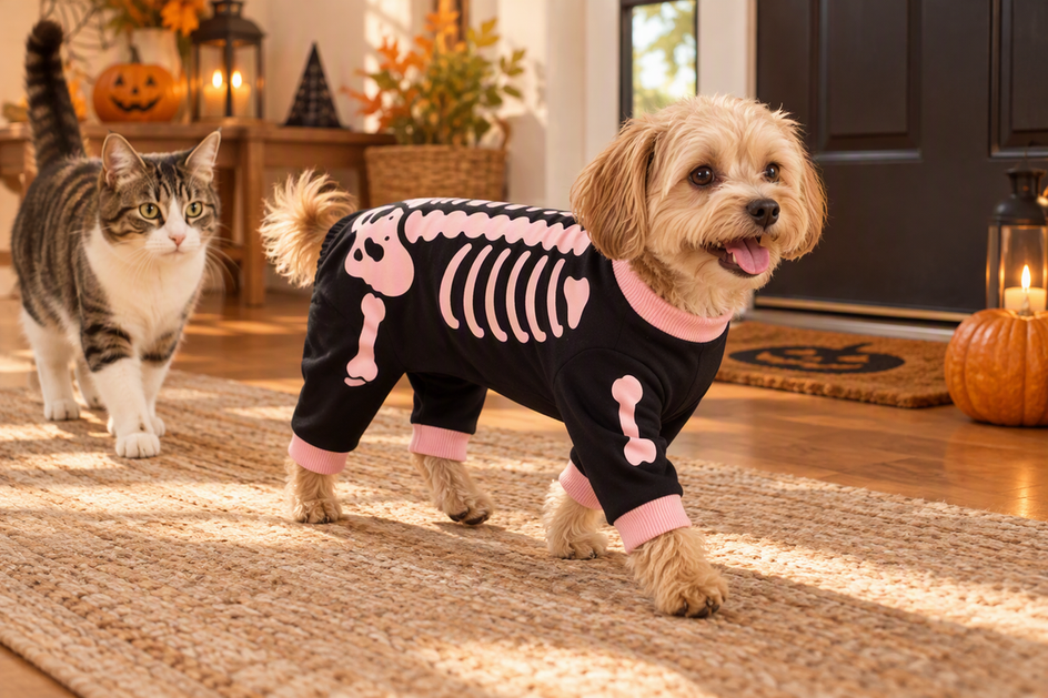 Small dog wearing a Halloween costume walks through a warmly lit home entryway while a cat watches nearby.