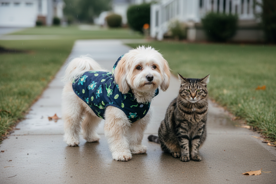 A fluffy Havanese wearing a dog raincoat beside a curious cat on a wet residential walkway