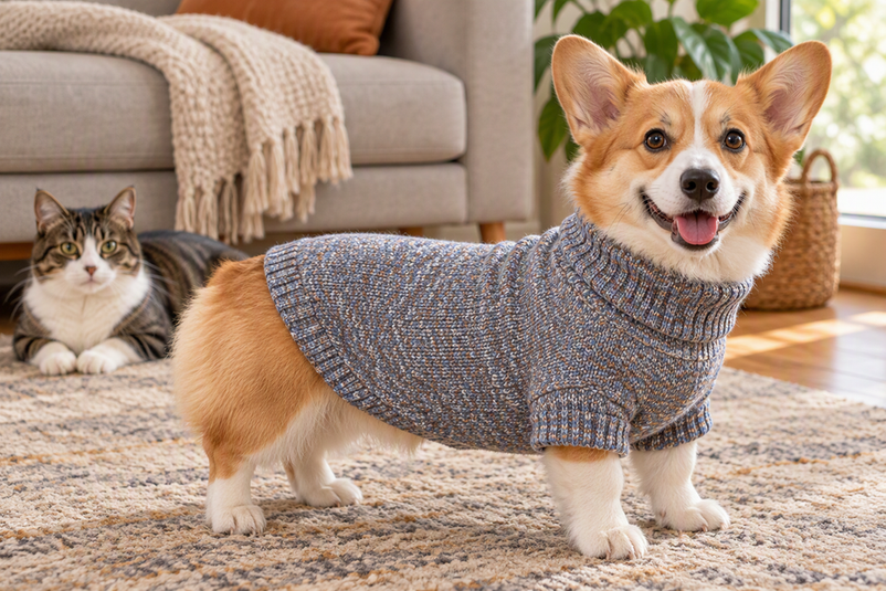 Corgi wearing a knitted sweater indoors while a cat sits nearby in a cozy home setting.