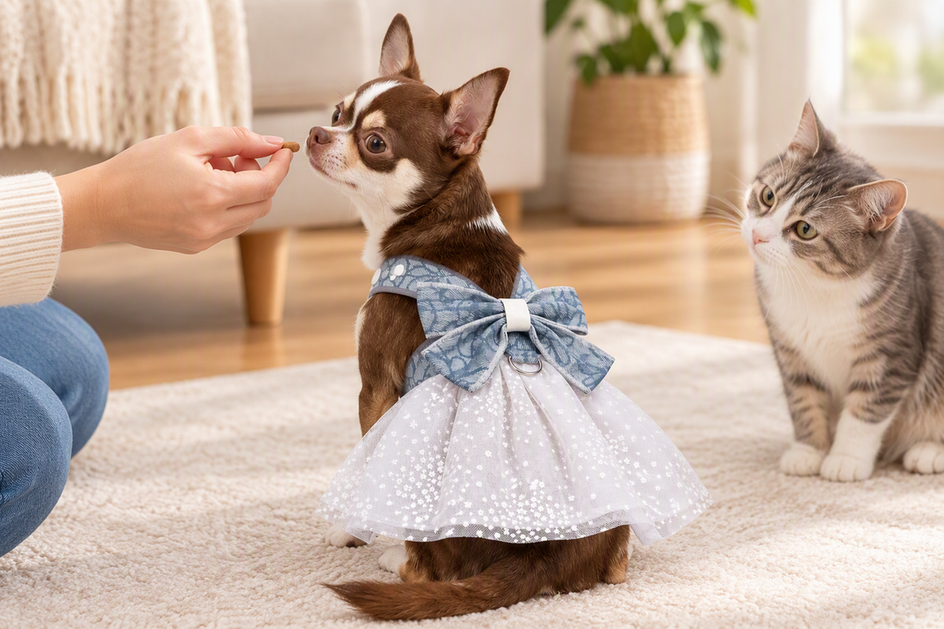 A puppy calmly wearing dog clothing while a person offers a treat, with a cat nearby in a quiet home setting
