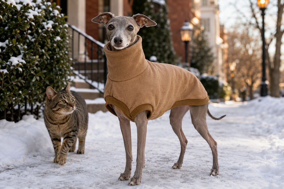Small dog wearing a high-collar fleece sweater outdoors with a cat nearby.