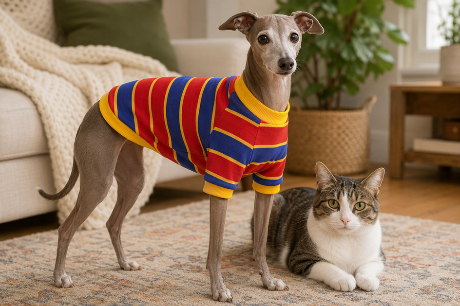 Italian Greyhound wearing dog loungewear beside a cat in a bright home setting, with the garment lying smoothly against the dog's body.