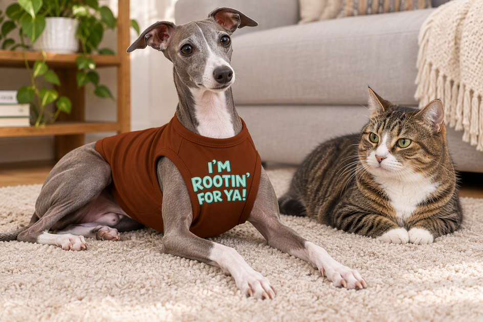 Italian Greyhound wearing indoor loungewear while resting on carpet, with a cat nearby in a calm home setting