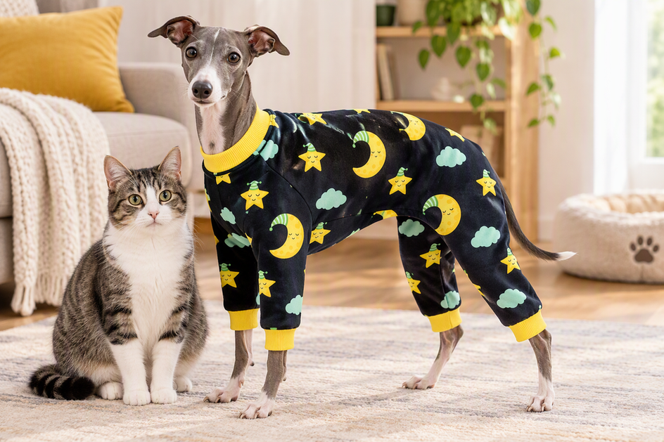 Italian Greyhound wearing four-leg pajamas indoors beside a cat in a cozy home setting