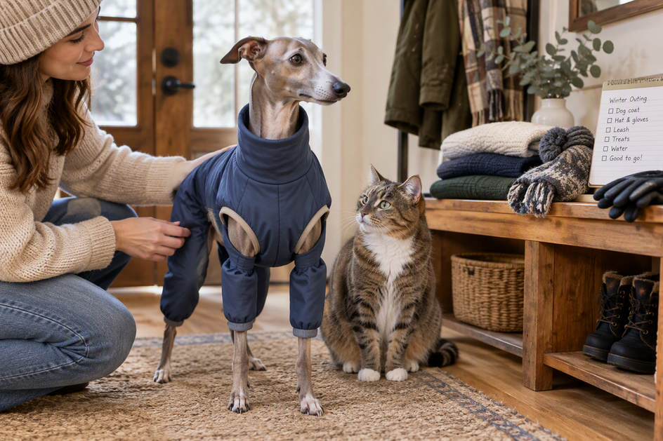 Italian Greyhound and cat beside a winter clothing checklist in a cozy entryway, highlighting neck coverage and supervised cold-weather preparation
