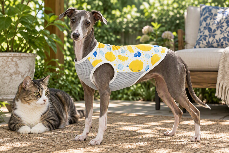 Italian Greyhound wearing a lightweight summer sun shirt outdoors beside a cat in a shaded summer setting