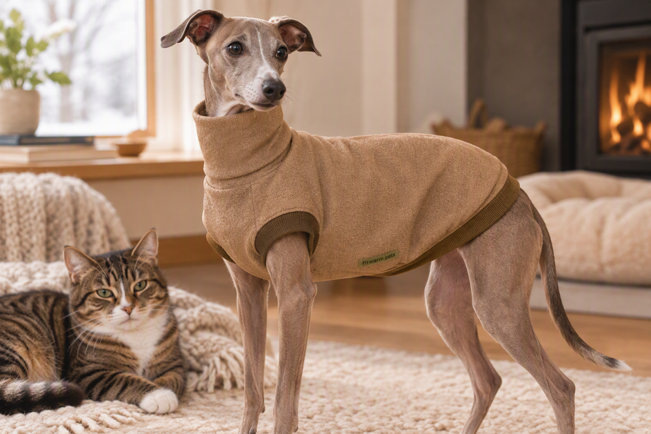 Italian Greyhound wearing a high-neck dog sweater indoors beside a relaxed cat on a cool-weather day