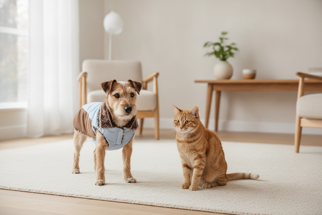 Short-haired Jack Russell wearing a dog coat beside a calm cat in a home setting