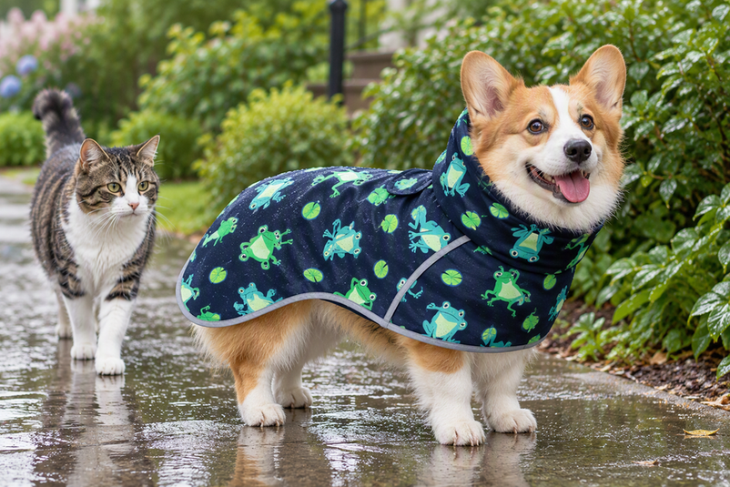 Corgi wearing a dog raincoat on a wet walkway with a cat walking nearby