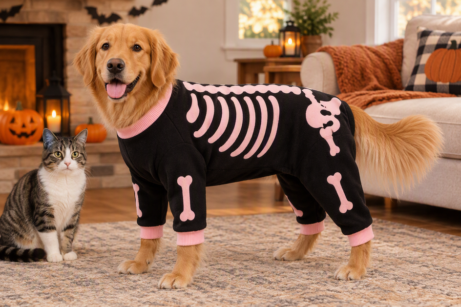 Dog wearing a Halloween costume in a home setting while a cat watches nearby, with the dog's tail and hindquarters clearly visible