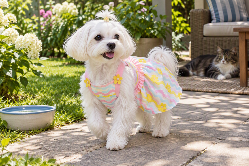 Small Maltese wearing a summer dog dress outdoors near a shaded patio, with a cat nearby