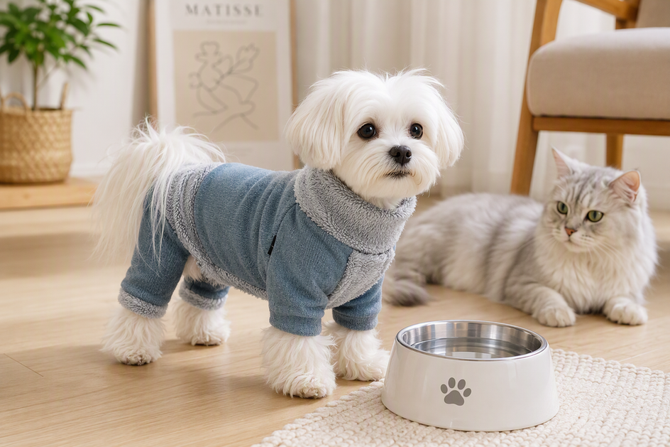 Small white Maltese wearing a high-collar dog sweater beside a cat and a water bowl in a bright home