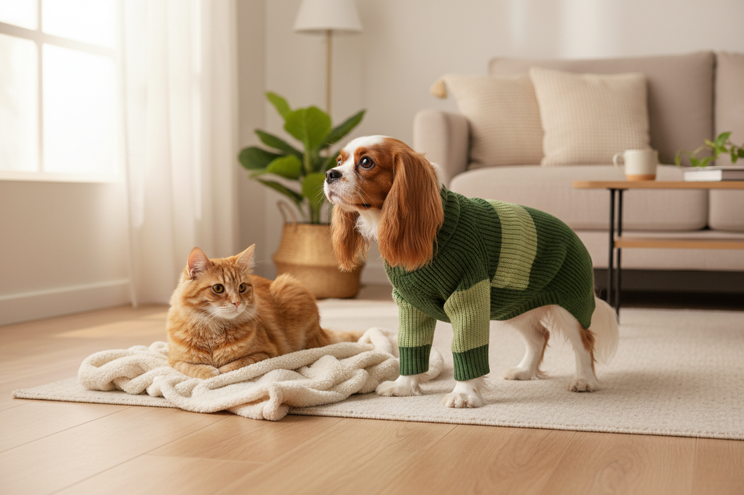 A small dog and cat wearing lightweight pet clothing in a bright home setting