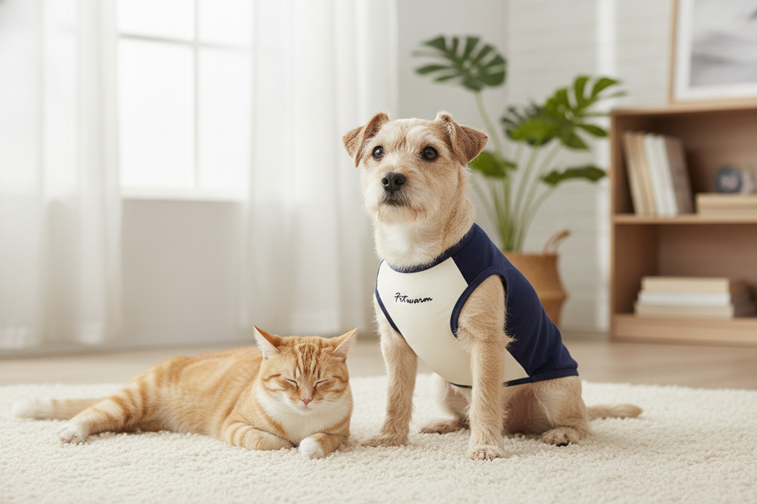 A small dog wearing comfortable clothing beside a cat in a bright, welcoming home setting