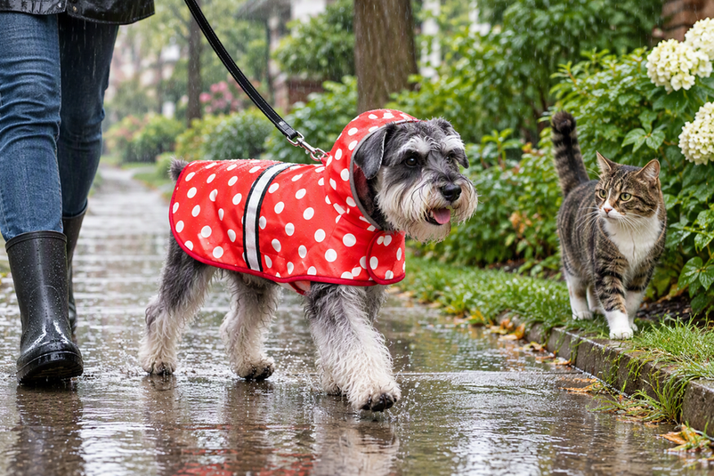 Miniature Schnauzer wearing a rain jacket on a wet neighborhood walk, with a cat nearby under the rainy sky