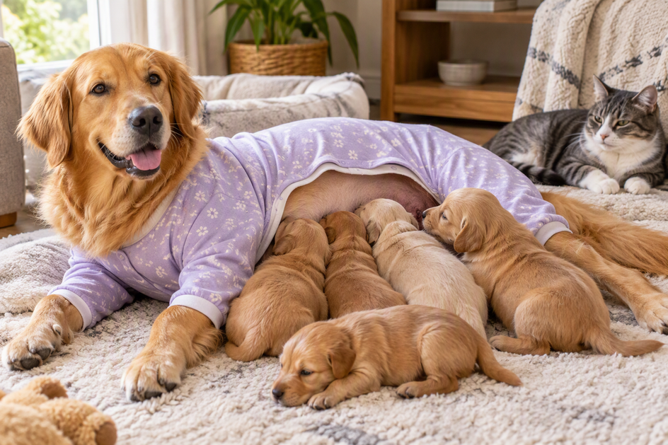 Nursing mother dog wearing modified pajamas beside her puppies, with a cat nearby in a calm home setting.