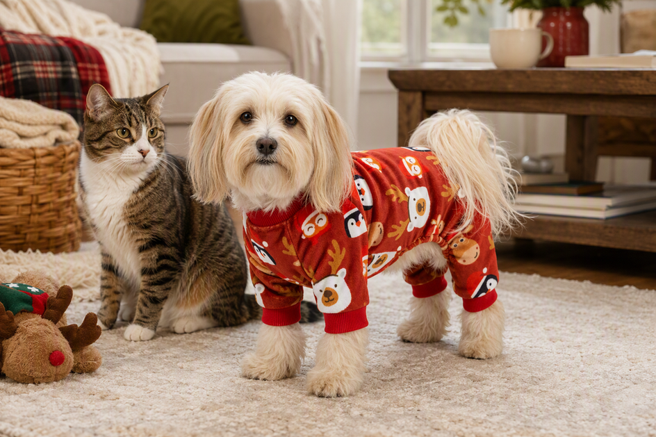 Puppy wearing a comfortable dog garment beside a cat in a bright home setting
