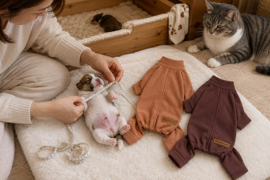 Caregiver gently measures a tiny newborn puppy beside a fleece garment, with a calm cat nearby in a warm care setting.
