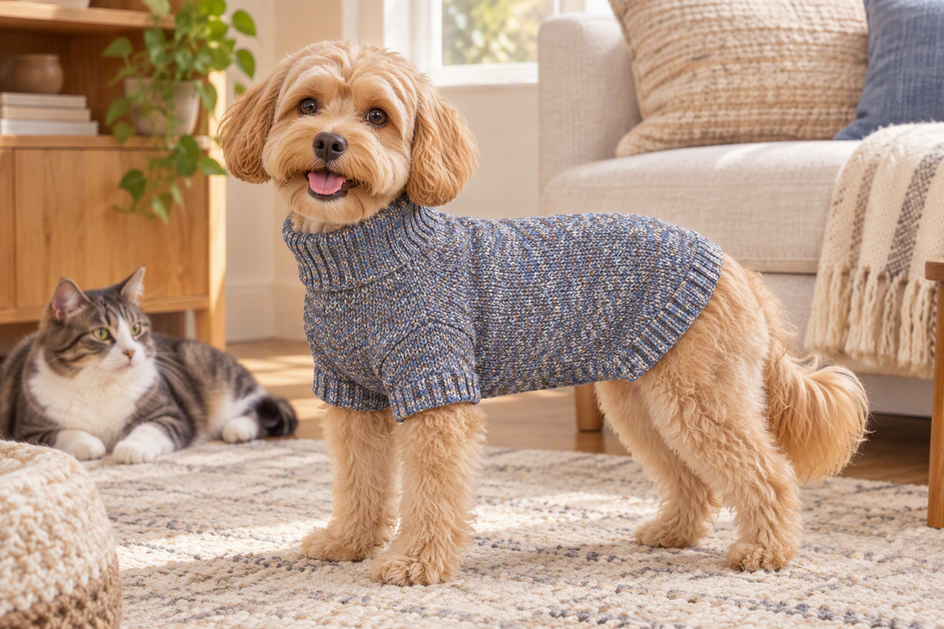Small dog wearing a knitted turtleneck sweater beside a cat in a cozy home setting