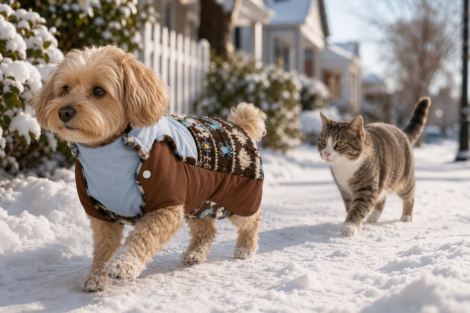 Small dog wearing a padded winter coat on a snowy path, with a cat nearby.