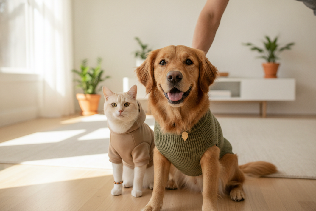 Dog and cat wearing coordinated outfits with one simple accessory in a supervised indoor photo setup