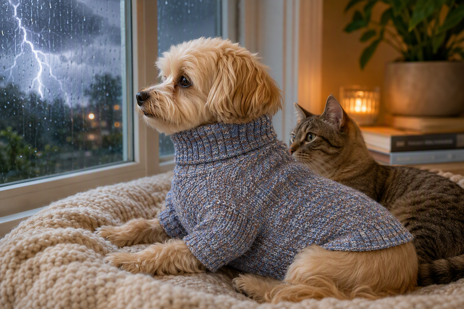 Small dog wearing a snug knitted sweater beside a cat near a stormy window
