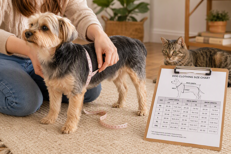 Small dog standing while a person measures its chest with a soft tape, with a cat nearby and a sizing chart on a clipboard.