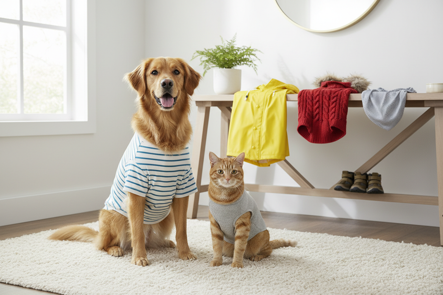 Dog and cat together in a bright home setting wearing practical clothing for different weather conditions