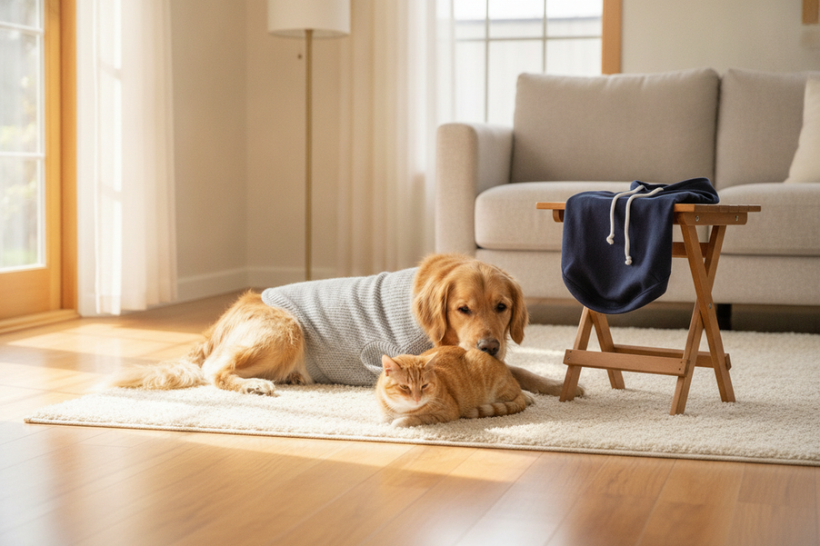 Dog wearing pet clothing beside a cat in a clean home setting, representing a post-wash clothing quality check