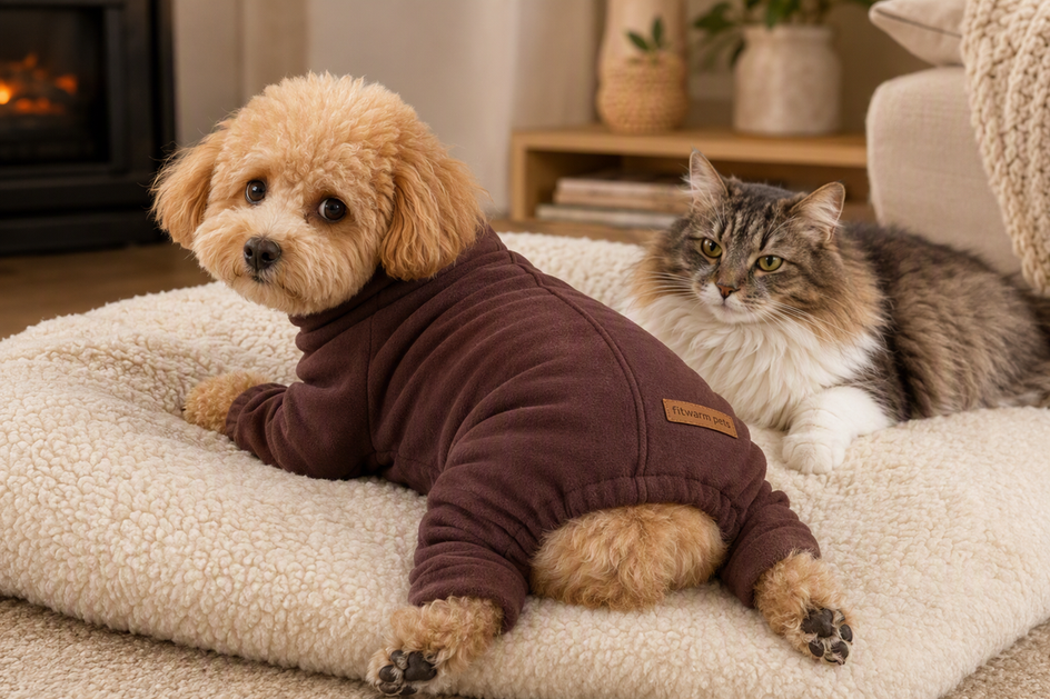 Small dog wearing a soft fleece onesie while resting beside a cat in a warm, quiet home setting.