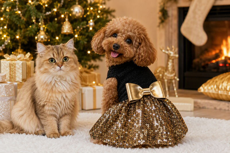 Dog wearing a holiday costume beside a cat in a festive home photoshoot setting.