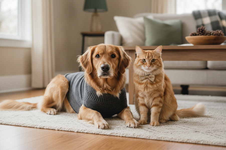 Dog and cat in a calm, festive pet-clothing scene, showing that a simple accent or no clothing may be better than a full costume for a reluctant dog.