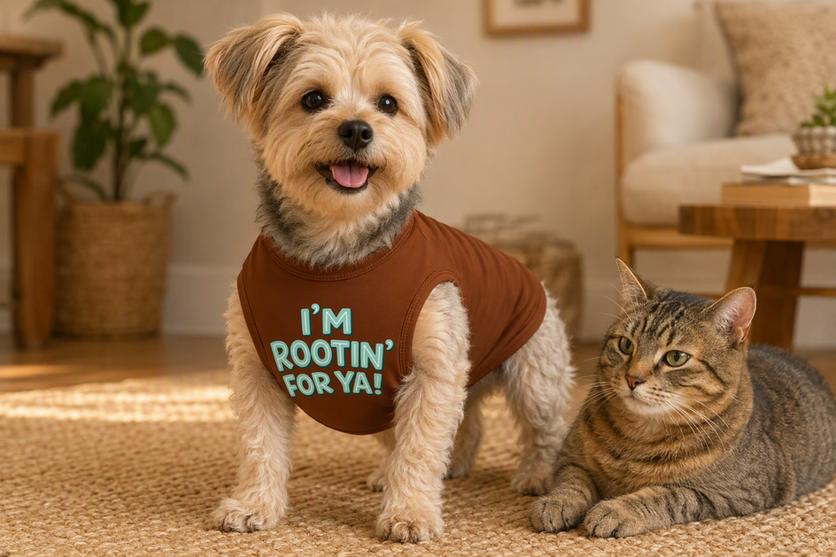 Small dog wearing a soft shirt over its torso beside a cat in a calm home setting.