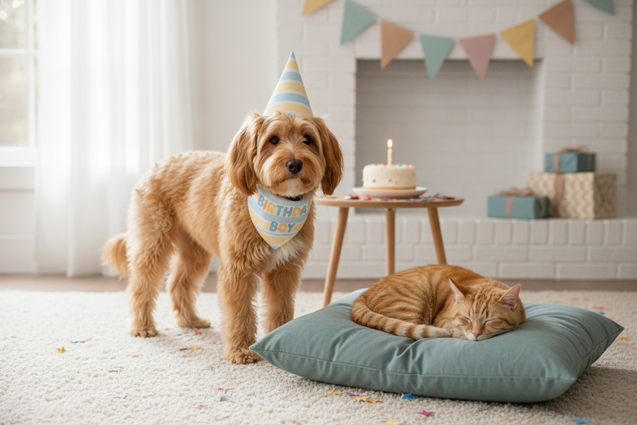 Small dog in a festive birthday outfit beside a relaxed cat in a bright home celebration setting