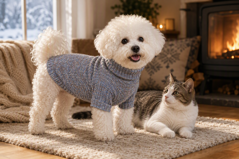 Bichon Frise wearing a knitted turtleneck pet sweater beside a cat in a cozy winter room