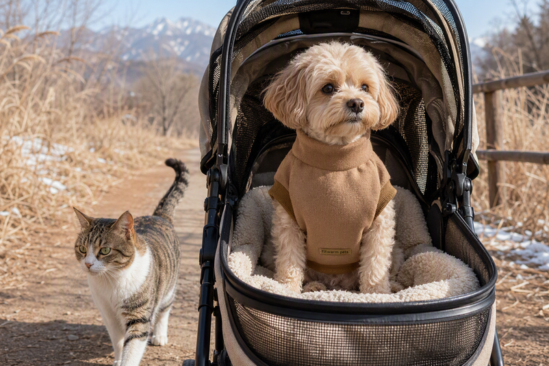 Small dog wearing winter clothing while riding in a stroller on a cold outdoor path, with a cat nearby.
