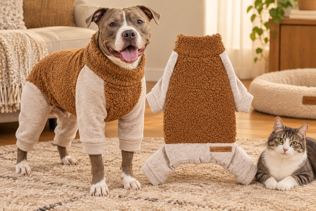 Thermal fleece dog pajamas arranged beside a standing Pitbull, with a cat nearby in a cozy indoor setting.